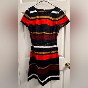 Tommy Hilfiger Red, Black, and Gold Striped Belted Midi Dress